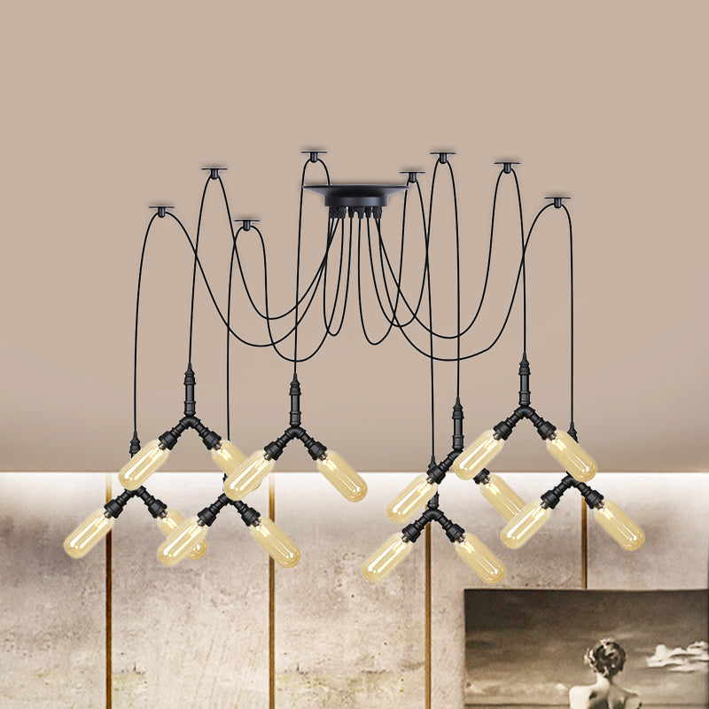 Industrial Capsule Multiple Hanging Light 4/6/12-Head Amber Glass Swag LED Ceiling Lamp in Black Clearhalo 'Ceiling Lights' 'Glass shade' 'Glass' 'Industrial Pendants' 'Industrial' 'Middle Century Pendants' 'Pendant Lights' 'Pendants' 'Tiffany' Lighting' 739114