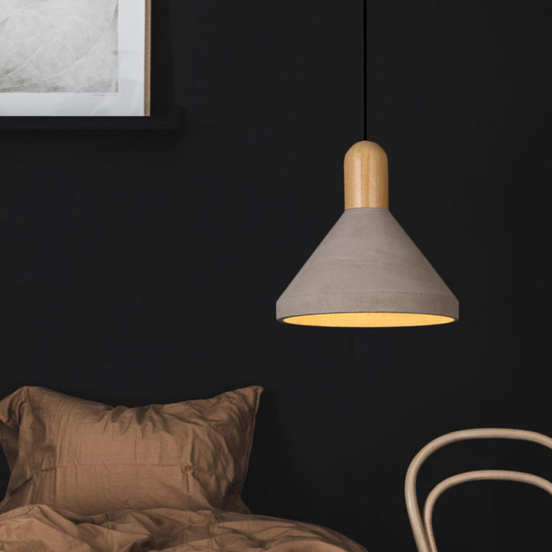 Conical Cement Ceiling Light Antiqued 1 Bulb Restaurant Hanging Pendant Lamp in Grey and Black/Red/Wood Wood Clearhalo 'Ceiling Lights' 'Industrial Pendants' 'Industrial' 'Middle Century Pendants' 'Pendant Lights' 'Pendants' 'Tiffany' Lighting' 739136