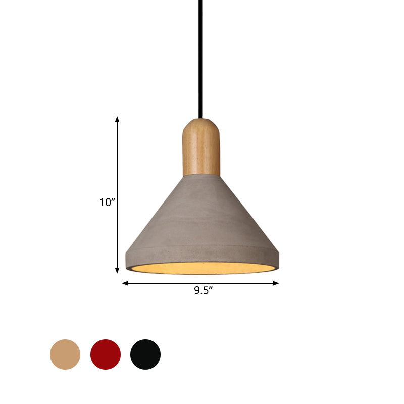 Conical Cement Ceiling Light Antiqued 1 Bulb Restaurant Hanging Pendant Lamp in Grey and Black/Red/Wood Clearhalo 'Ceiling Lights' 'Industrial Pendants' 'Industrial' 'Middle Century Pendants' 'Pendant Lights' 'Pendants' 'Tiffany' Lighting' 739139