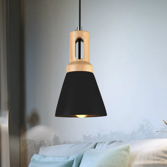 1-Light Cement Hanging Lighting Vintage Black/Grey/Red and Wood Bell Bar Ceiling Pendant Lamp Black Clearhalo 'Ceiling Lights' 'Industrial Pendants' 'Industrial' 'Middle Century Pendants' 'Pendant Lights' 'Pendants' 'Tiffany' Lighting' 739172