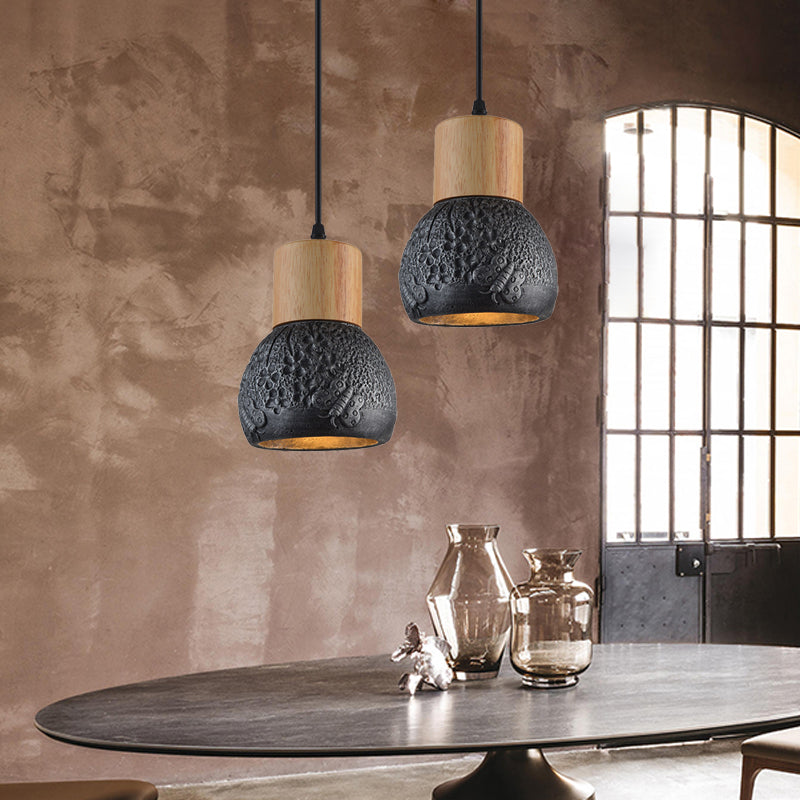 1 Head Cement Ceiling Light Industrial Black/Grey/Brown and Wood Dome Bedroom Pendant Lamp with Butterfly Pattern Clearhalo 'Ceiling Lights' 'Industrial Pendants' 'Industrial' 'Middle Century Pendants' 'Pendant Lights' 'Pendants' 'Tiffany' Lighting' 739191