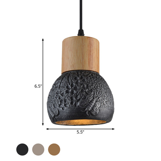 1 Head Cement Ceiling Light Industrial Black/Grey/Brown and Wood Dome Bedroom Pendant Lamp with Butterfly Pattern Clearhalo 'Ceiling Lights' 'Industrial Pendants' 'Industrial' 'Middle Century Pendants' 'Pendant Lights' 'Pendants' 'Tiffany' Lighting' 739193