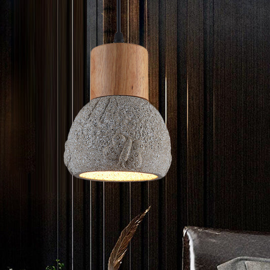 1 Head Cement Ceiling Light Industrial Black/Grey/Brown and Wood Dome Bedroom Pendant Lamp with Butterfly Pattern Grey Clearhalo 'Ceiling Lights' 'Industrial Pendants' 'Industrial' 'Middle Century Pendants' 'Pendant Lights' 'Pendants' 'Tiffany' Lighting' 739194