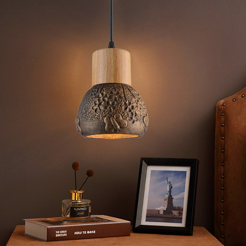 1 Head Cement Ceiling Light Industrial Black/Grey/Brown and Wood Dome Bedroom Pendant Lamp with Butterfly Pattern Clearhalo 'Ceiling Lights' 'Industrial Pendants' 'Industrial' 'Middle Century Pendants' 'Pendant Lights' 'Pendants' 'Tiffany' Lighting' 739199