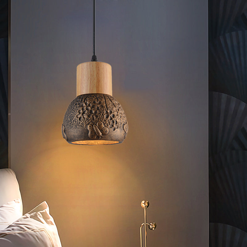 1 Head Cement Ceiling Light Industrial Black/Grey/Brown and Wood Dome Bedroom Pendant Lamp with Butterfly Pattern Clearhalo 'Ceiling Lights' 'Industrial Pendants' 'Industrial' 'Middle Century Pendants' 'Pendant Lights' 'Pendants' 'Tiffany' Lighting' 739200