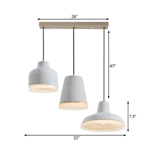 3 Bulbs Multiple Hanging Light Vintage Geometry Cement Pendant Lamp in Grey with Linear/Round Canopy Clearhalo 'Ceiling Lights' 'Industrial Pendants' 'Industrial' 'Middle Century Pendants' 'Pendant Lights' 'Pendants' 'Tiffany' Lighting' 739217