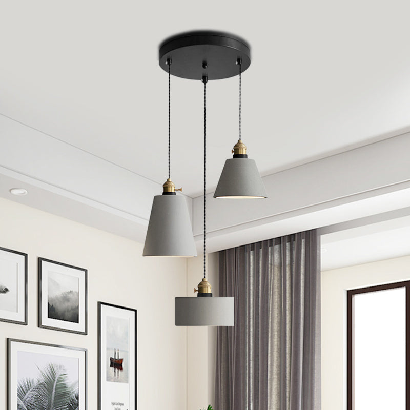 Industrial Geometric Multi Pendant 3 Lights Cement Hanging Ceiling Lamp in Grey with Round Canopy Grey A Clearhalo 'Ceiling Lights' 'Industrial Pendants' 'Industrial' 'Middle Century Pendants' 'Pendant Lights' 'Pendants' 'Tiffany' Lighting' 739223