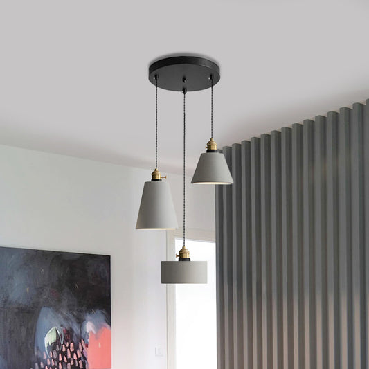 Industriële geometrische multi hanger 3 lichten cementhangende plafondlamp in grijs met ronde luifel