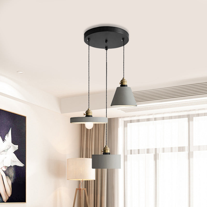 Industrial Geometric Multi Pendant 3 Lights Cement Hanging Ceiling Lamp in Grey with Round Canopy Clearhalo 'Ceiling Lights' 'Industrial Pendants' 'Industrial' 'Middle Century Pendants' 'Pendant Lights' 'Pendants' 'Tiffany' Lighting' 739228