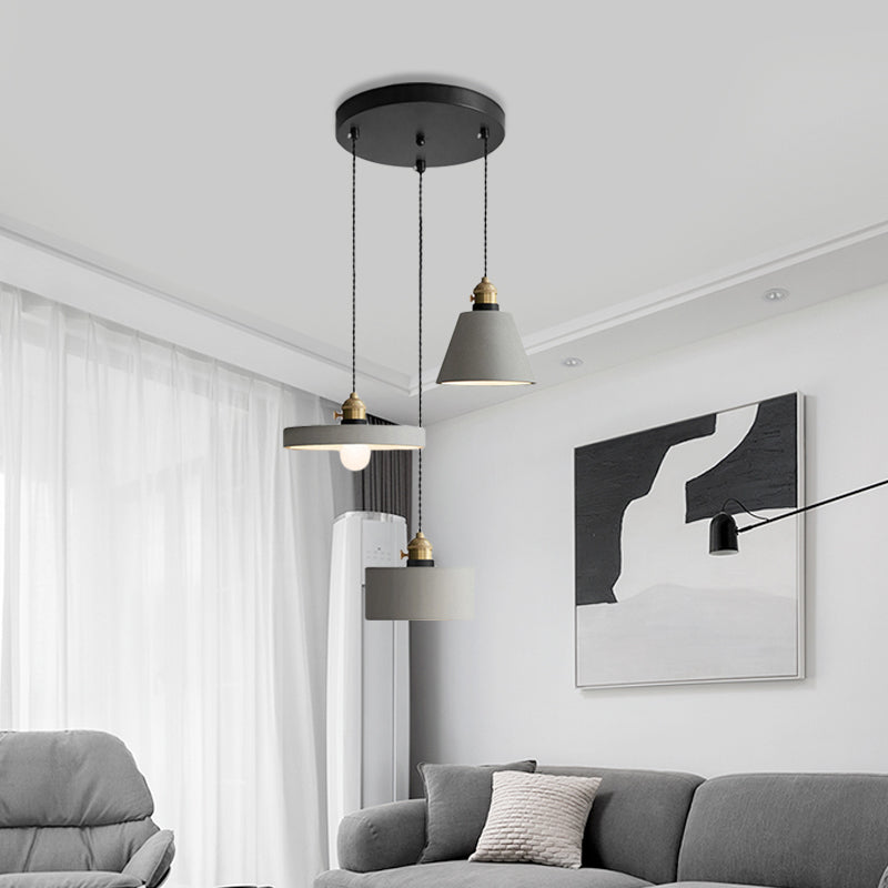 Industrial Geometric Multi Pendant 3 Lights Cement Hanging Ceiling Lamp in Grey with Round Canopy Clearhalo 'Ceiling Lights' 'Industrial Pendants' 'Industrial' 'Middle Century Pendants' 'Pendant Lights' 'Pendants' 'Tiffany' Lighting' 739229