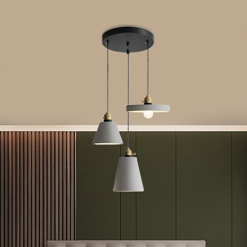 Industrial Geometric Multi Pendant 3 Lights Cement Hanging Ceiling Lamp in Grey with Round Canopy Clearhalo 'Ceiling Lights' 'Industrial Pendants' 'Industrial' 'Middle Century Pendants' 'Pendant Lights' 'Pendants' 'Tiffany' Lighting' 739232