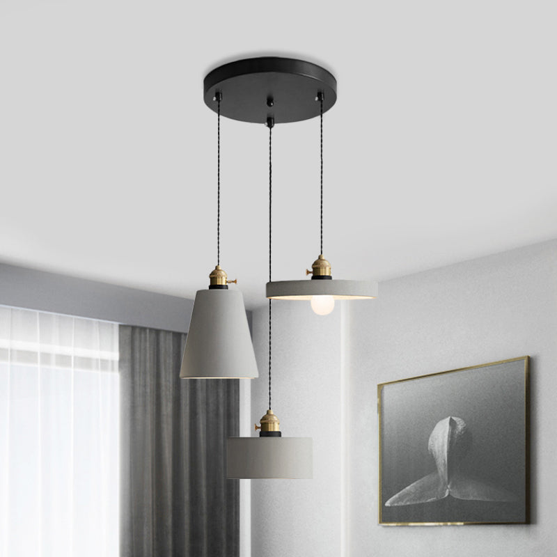 Industrial Geometric Multi Pendant 3 Lights Cement Hanging Ceiling Lamp in Grey with Round Canopy Grey C Clearhalo 'Ceiling Lights' 'Industrial Pendants' 'Industrial' 'Middle Century Pendants' 'Pendant Lights' 'Pendants' 'Tiffany' Lighting' 739235