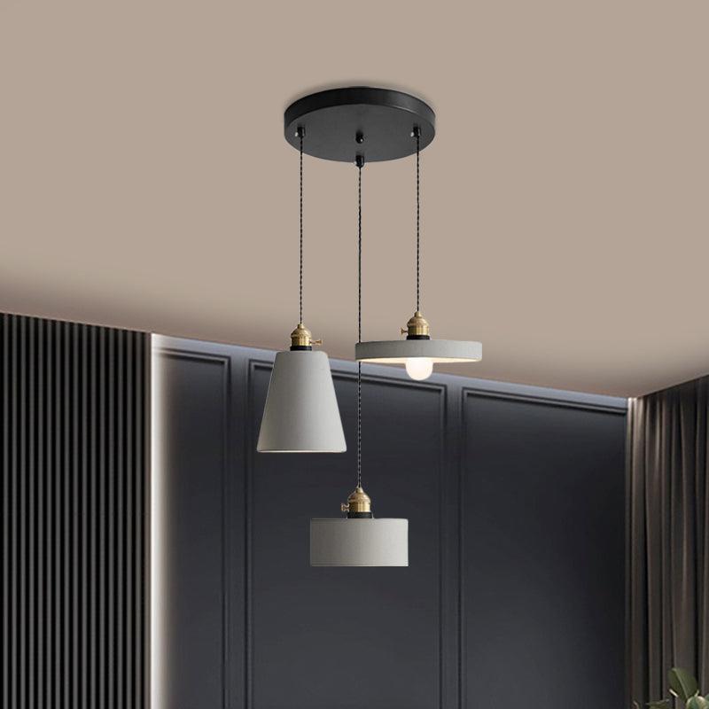 Industrial Geometric Multi Pendant 3 Lights Cement Hanging Ceiling Lamp in Grey with Round Canopy Clearhalo 'Ceiling Lights' 'Industrial Pendants' 'Industrial' 'Middle Century Pendants' 'Pendant Lights' 'Pendants' 'Tiffany' Lighting' 739236