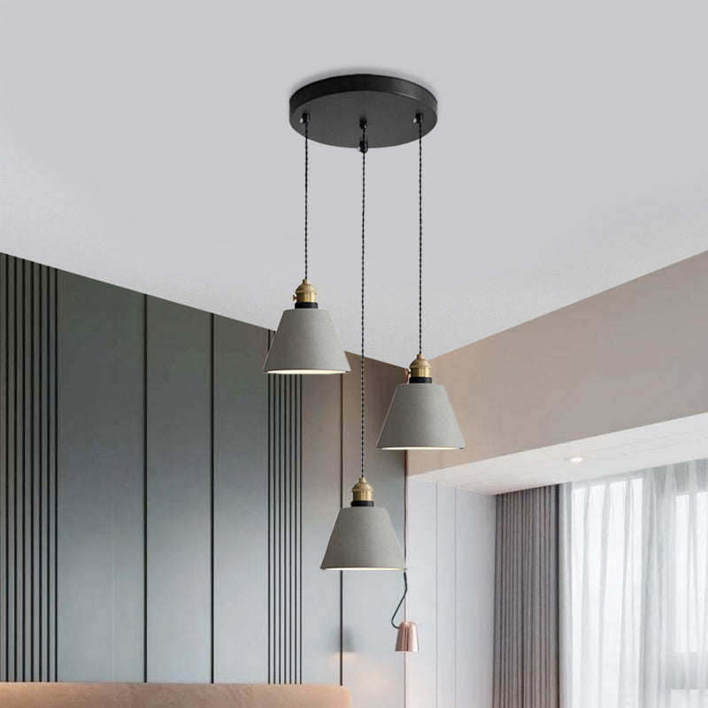 Grey 3 Heads Multi Ceiling Light Industrial Cement Cone/Bell/Drum Pendant Lamp Fixture, 3"/5"/6" H Clearhalo 'Ceiling Lights' 'Industrial Pendants' 'Industrial' 'Middle Century Pendants' 'Pendant Lights' 'Pendants' 'Tiffany' Lighting' 739244