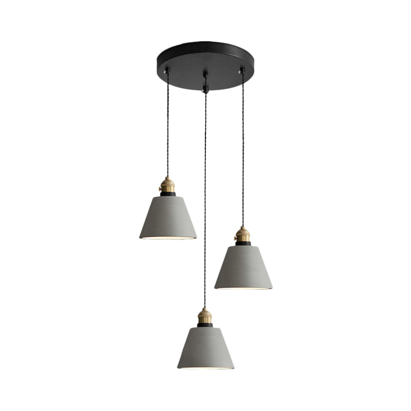Grey 3 Heads Multi Ceiling Light Industrial Cement Cone/Bell/Drum Pendant Lamp Fixture, 3"/5"/6" H Clearhalo 'Ceiling Lights' 'Industrial Pendants' 'Industrial' 'Middle Century Pendants' 'Pendant Lights' 'Pendants' 'Tiffany' Lighting' 739246