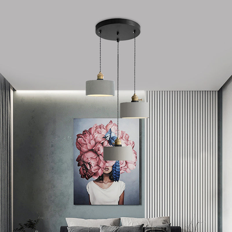 Grey 3 Heads Multi Ceiling Light Industrial Cement Cone/Bell/Drum Pendant Lamp Fixture, 3"/5"/6" H Clearhalo 'Ceiling Lights' 'Industrial Pendants' 'Industrial' 'Middle Century Pendants' 'Pendant Lights' 'Pendants' 'Tiffany' Lighting' 739255