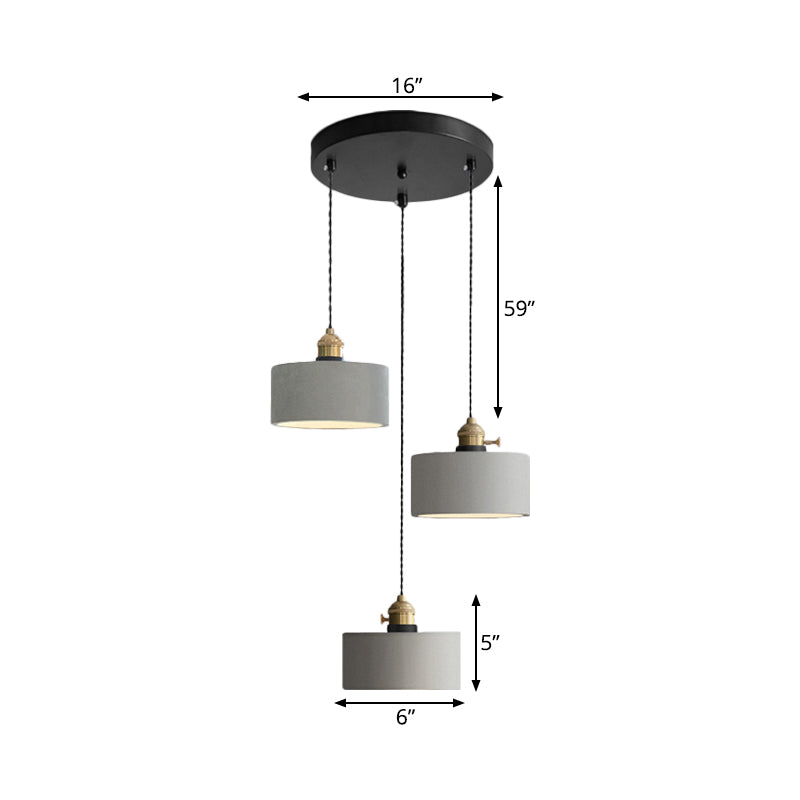 Grey 3 Heads Multi Ceiling Light Industrial Cement Cone/Bell/Drum Pendant Lamp Fixture, 3"/5"/6" H Clearhalo 'Ceiling Lights' 'Industrial Pendants' 'Industrial' 'Middle Century Pendants' 'Pendant Lights' 'Pendants' 'Tiffany' Lighting' 739257