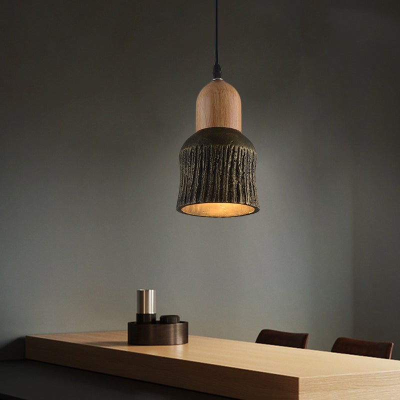Antiqued Cup-Shape Ceiling Light 1 Head Cement Hanging Pendant Lamp in Silver/Black/Bronze and Wood Clearhalo 'Ceiling Lights' 'Industrial Pendants' 'Industrial' 'Middle Century Pendants' 'Pendant Lights' 'Pendants' 'Tiffany' Lighting' 739334