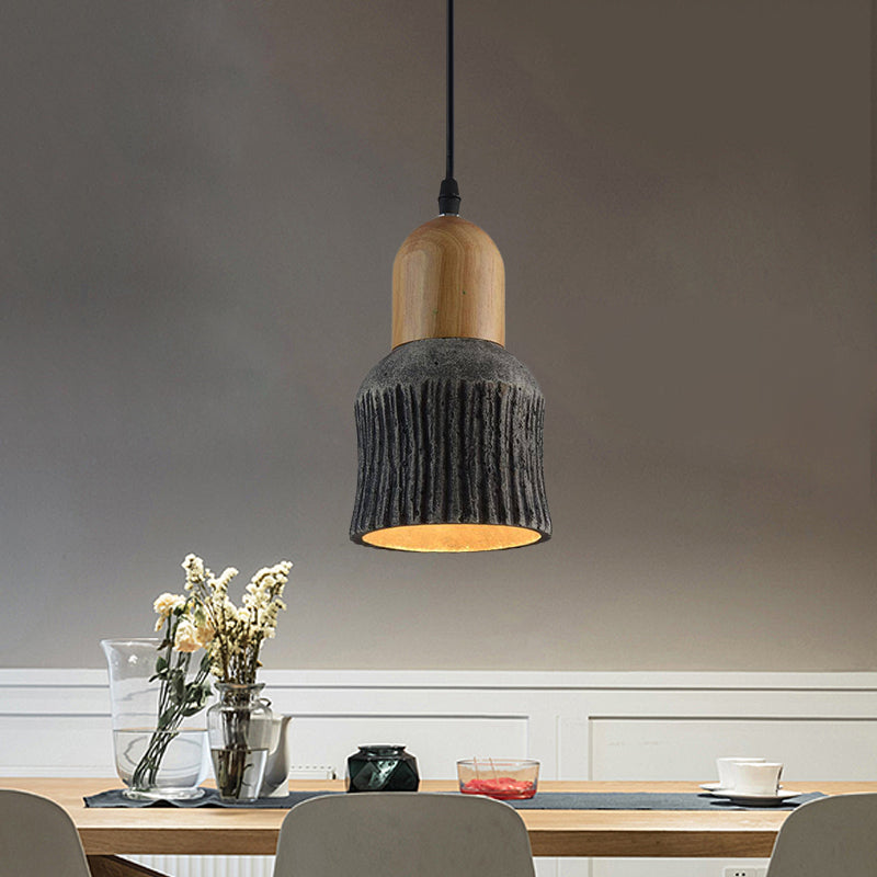 Antiqued Cup-Shape Ceiling Light 1 Head Cement Hanging Pendant Lamp in Silver/Black/Bronze and Wood Clearhalo 'Ceiling Lights' 'Industrial Pendants' 'Industrial' 'Middle Century Pendants' 'Pendant Lights' 'Pendants' 'Tiffany' Lighting' 739339