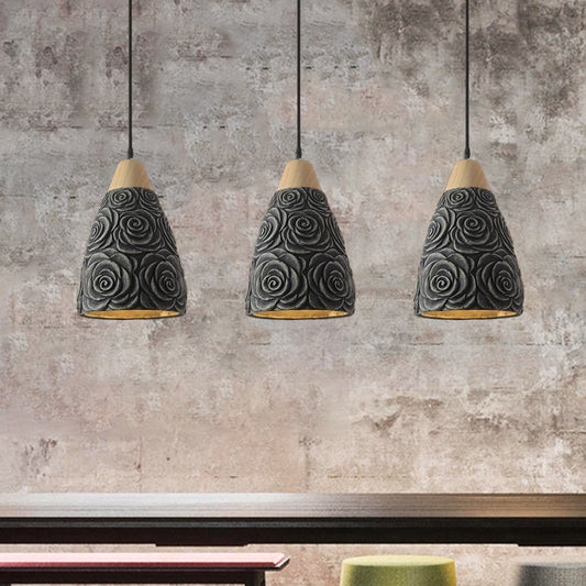 1 Light Pendant Ceiling Light Industrial Cone Cement Hanging Lamp Fixture in Black with Rose Pattern Clearhalo 'Ceiling Lights' 'Industrial Pendants' 'Industrial' 'Middle Century Pendants' 'Pendant Lights' 'Pendants' 'Tiffany' Lighting' 739343
