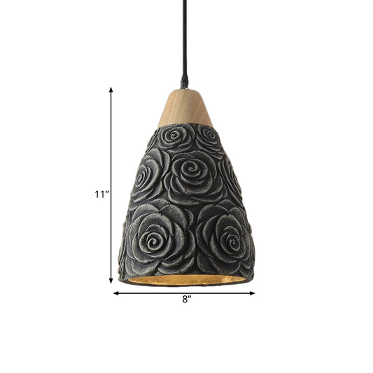 1 Light Pendant Ceiling Light Industrial Cone Cement Hanging Lamp Fixture in Black with Rose Pattern Clearhalo 'Ceiling Lights' 'Industrial Pendants' 'Industrial' 'Middle Century Pendants' 'Pendant Lights' 'Pendants' 'Tiffany' Lighting' 739345