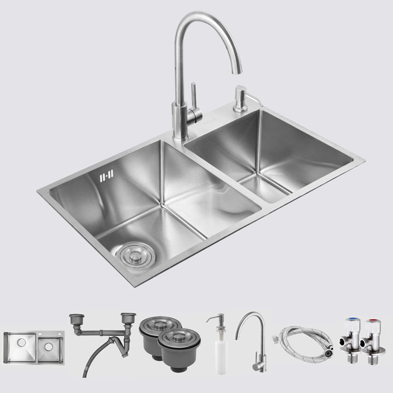 Stainless Steel Kitchen Sink Contemporary Double Bowl Kitchen Sink Sink with Faucet Round Faucet Clearhalo 'Home Improvement' 'home_improvement' 'home_improvement_kitchen_sinks' 'Kitchen Remodel & Kitchen Fixtures' 'Kitchen Sinks & Faucet Components' 'Kitchen Sinks' 'kitchen_sinks' 7393936