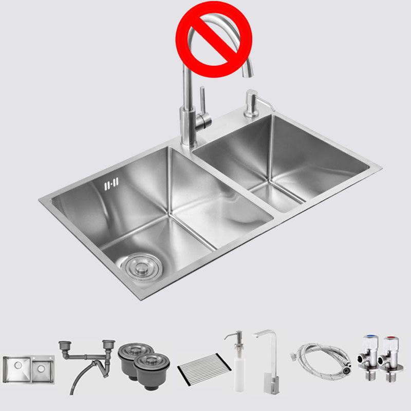 Stainless Steel Kitchen Sink Contemporary Double Bowl Kitchen Sink Sink with Faucet Square Faucet Clearhalo 'Home Improvement' 'home_improvement' 'home_improvement_kitchen_sinks' 'Kitchen Remodel & Kitchen Fixtures' 'Kitchen Sinks & Faucet Components' 'Kitchen Sinks' 'kitchen_sinks' 7393940