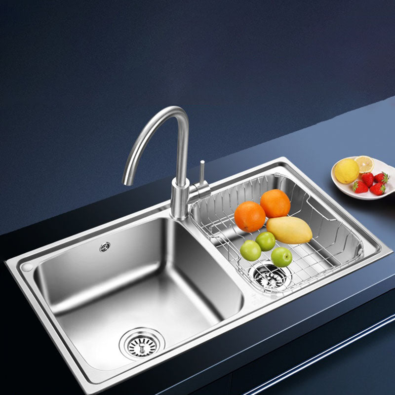 Double Bowl Kitchen Sink Stainless Steel Kitchen with Faucet Included Sink with Faucet Clearhalo 'Home Improvement' 'home_improvement' 'home_improvement_kitchen_sinks' 'Kitchen Remodel & Kitchen Fixtures' 'Kitchen Sinks & Faucet Components' 'Kitchen Sinks' 'kitchen_sinks' 7393951