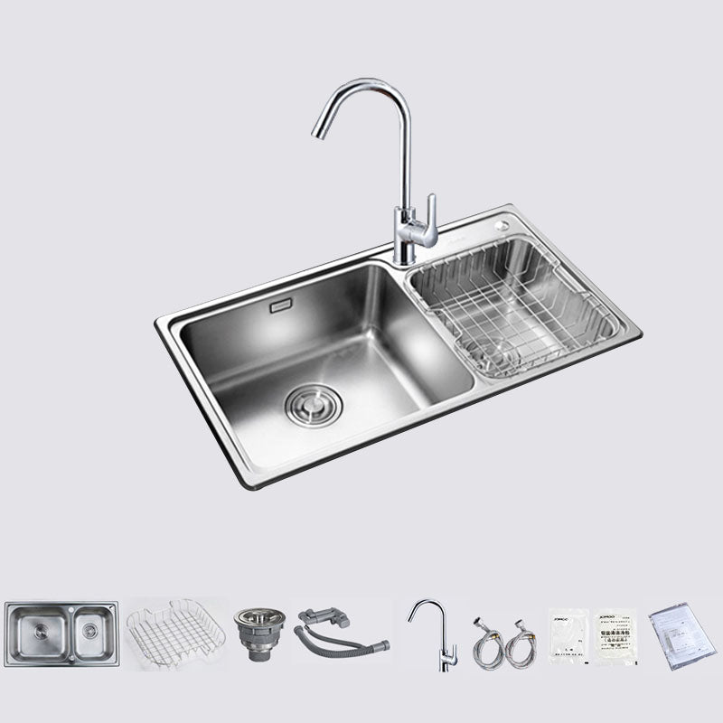 Stainless Steel Kitchen Sink Double Bowl Kitchen Sink with Drain Assembly 31"L x 17"W x 8"H Sink with Faucet Round Faucet Clearhalo 'Home Improvement' 'home_improvement' 'home_improvement_kitchen_sinks' 'Kitchen Remodel & Kitchen Fixtures' 'Kitchen Sinks & Faucet Components' 'Kitchen Sinks' 'kitchen_sinks' 7393976