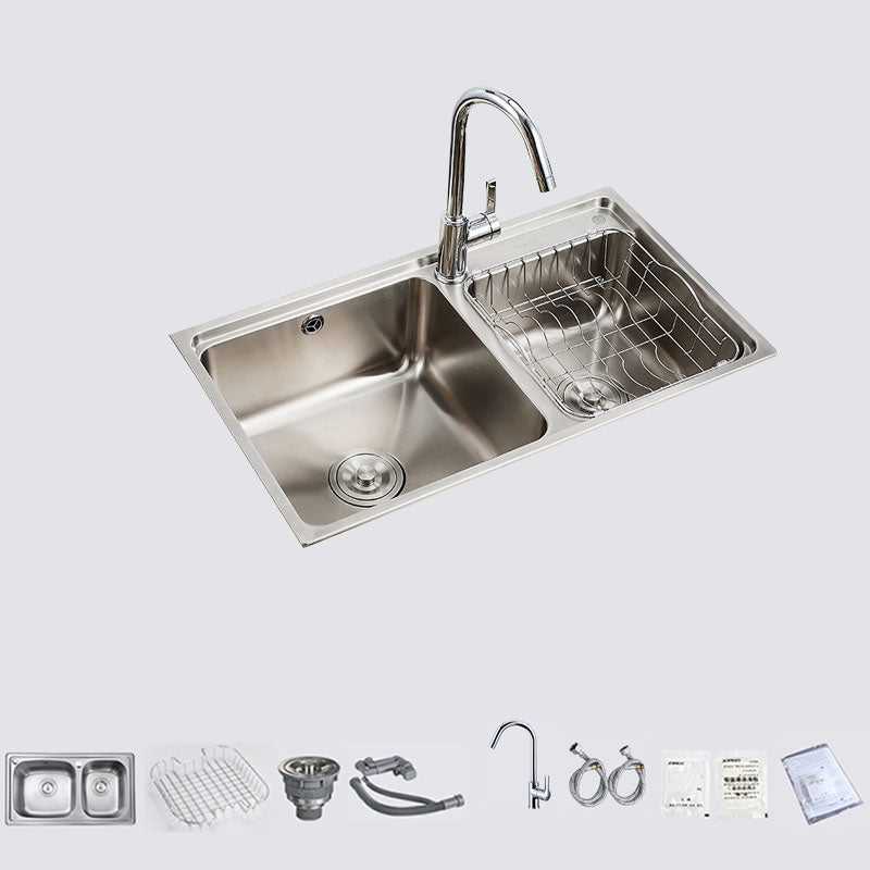 Stainless Steel Kitchen Sink Double Bowl Kitchen Sink with Drain Assembly 30"L x 17"W x 8"H Sink with Faucet Round Faucet Clearhalo 'Home Improvement' 'home_improvement' 'home_improvement_kitchen_sinks' 'Kitchen Remodel & Kitchen Fixtures' 'Kitchen Sinks & Faucet Components' 'Kitchen Sinks' 'kitchen_sinks' 7393987