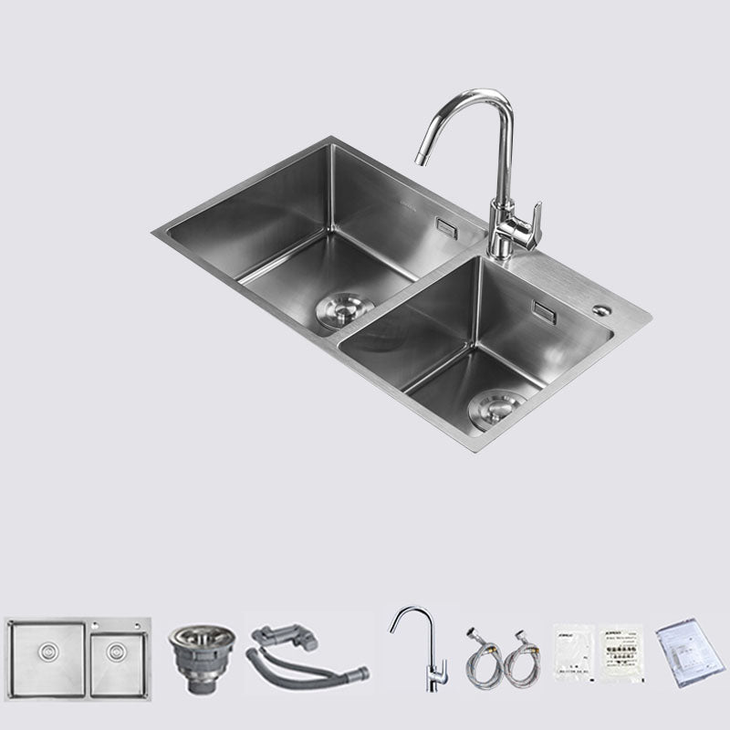 Stainless Steel Kitchen Sink Double Bowl Kitchen Sink with Drain Assembly 31"L x 18"W x 9"H Sink with Faucet Round Faucet Clearhalo 'Home Improvement' 'home_improvement' 'home_improvement_kitchen_sinks' 'Kitchen Remodel & Kitchen Fixtures' 'Kitchen Sinks & Faucet Components' 'Kitchen Sinks' 'kitchen_sinks' 7393993