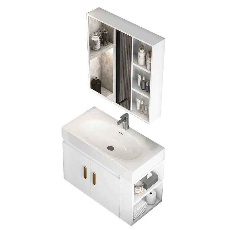 Glam White Ceramic Bathroom Vanity Single-Sink Oval Wall Mount Vanity Set Vanity & Faucet & Mirror Cabinet 28"L x 15"W x 19"H Clearhalo 'Bathroom Remodel & Bathroom Fixtures' 'Bathroom Vanities' 'bathroom_vanities' 'Home Improvement' 'home_improvement' 'home_improvement_bathroom_vanities' 7394882