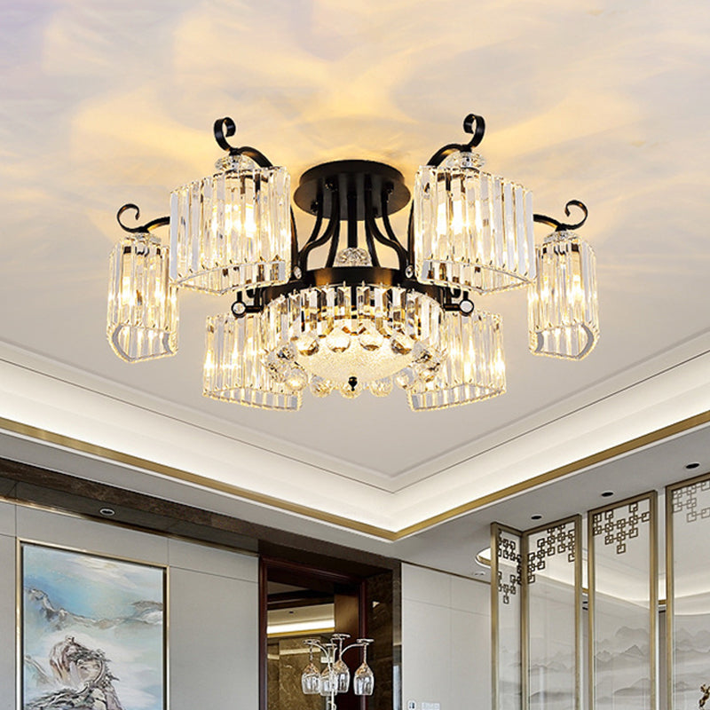 Black 3/9 Bulbs Semi Flush Mount Modern Crystal Block Arc Frame Close to Ceiling Light 9 Black Clearhalo 'Ceiling Lights' 'Close To Ceiling Lights' 'Close to ceiling' 'Semi-flushmount' Lighting' 739508