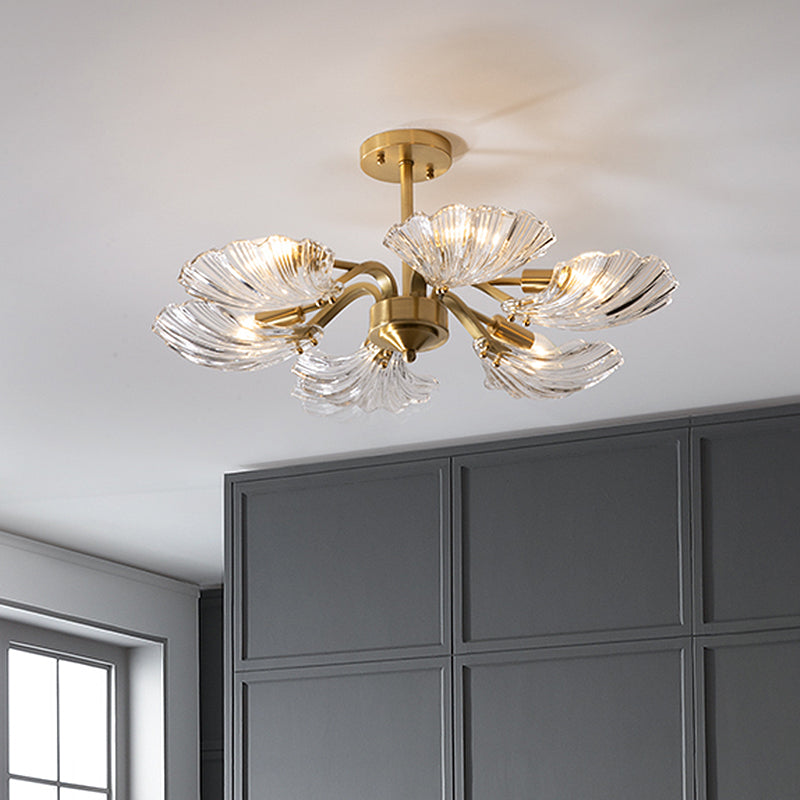 Shell Shaped Clear Glass Semi Flush Light Modern 6-Bulb Bedroom Ceiling Mounted Fixture in Brass Brass Clearhalo 'Ceiling Lights' 'Close To Ceiling Lights' 'Close to ceiling' 'Glass shade' 'Glass' 'Island Lights' 'Semi-flushmount' Lighting' 739529
