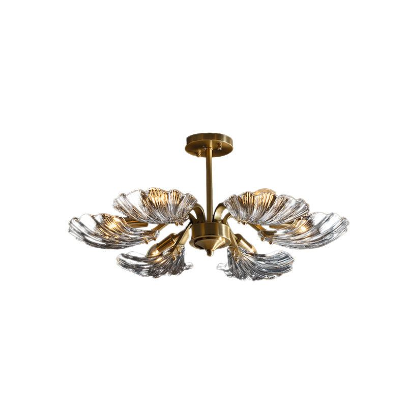 Shell Shaped Clear Glass Semi Flush Light Modern 6-Bulb Bedroom Ceiling Mounted Fixture in Brass Clearhalo 'Ceiling Lights' 'Close To Ceiling Lights' 'Close to ceiling' 'Glass shade' 'Glass' 'Island Lights' 'Semi-flushmount' Lighting' 739530