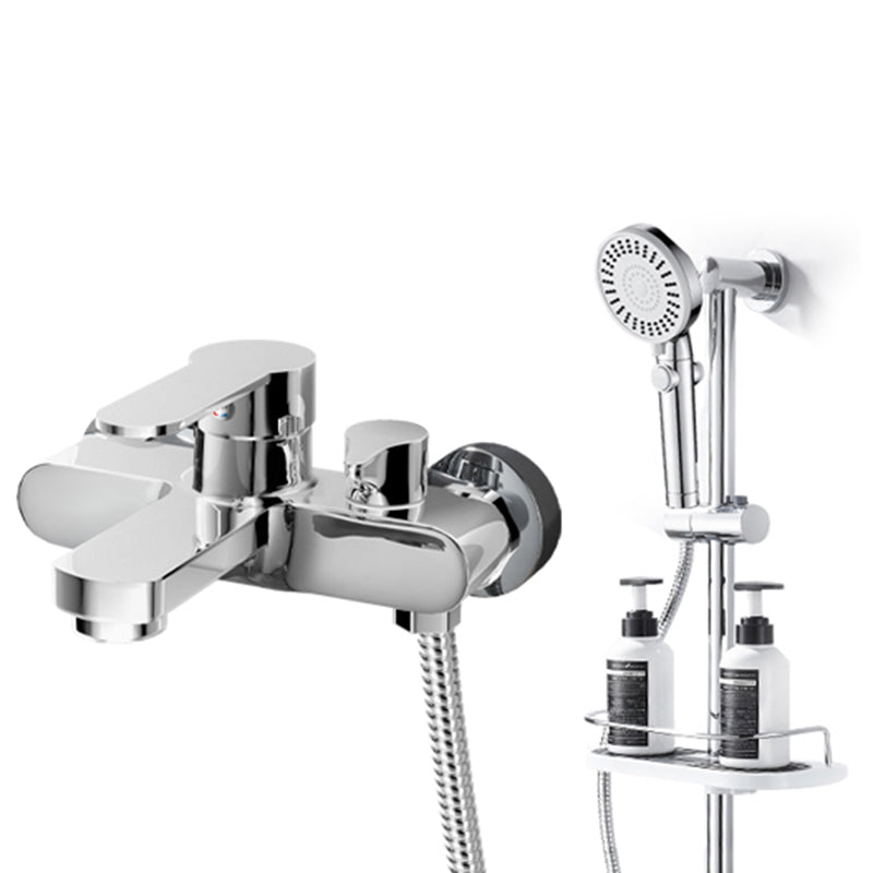 Popular Wall Mount Tub Faucet Fixed Lever Handle Bath Filler Trim Bright Silver Tri-Mode Handshower Risers Included Clearhalo 'Bathroom Remodel & Bathroom Fixtures' 'Bathtub Faucets' 'bathtub_faucets' 'Home Improvement' 'home_improvement' 'home_improvement_bathtub_faucets' 7395815