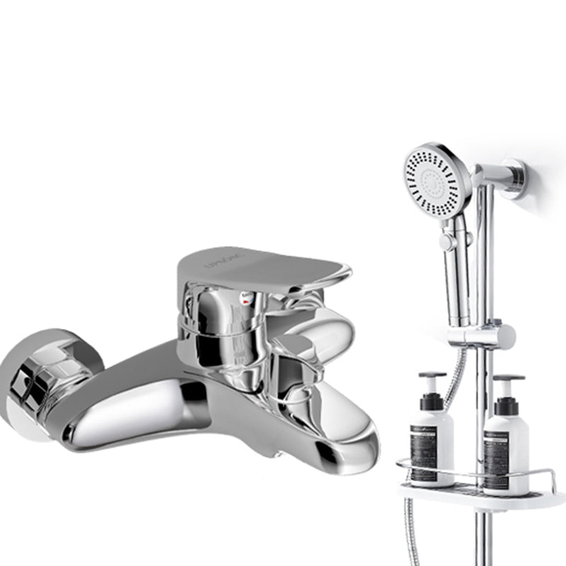 Popular Wall Mount Tub Faucet Fixed Lever Handle Bath Filler Trim Silver Tri-Mode Handshower Risers Included Clearhalo 'Bathroom Remodel & Bathroom Fixtures' 'Bathtub Faucets' 'bathtub_faucets' 'Home Improvement' 'home_improvement' 'home_improvement_bathtub_faucets' 7395820