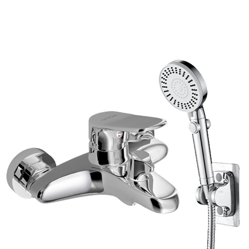 Popular Wall Mount Tub Faucet Fixed Lever Handle Bath Filler Trim Silver Tri-Mode Handshower Risers Not Included Clearhalo 'Bathroom Remodel & Bathroom Fixtures' 'Bathtub Faucets' 'bathtub_faucets' 'Home Improvement' 'home_improvement' 'home_improvement_bathtub_faucets' 7395826