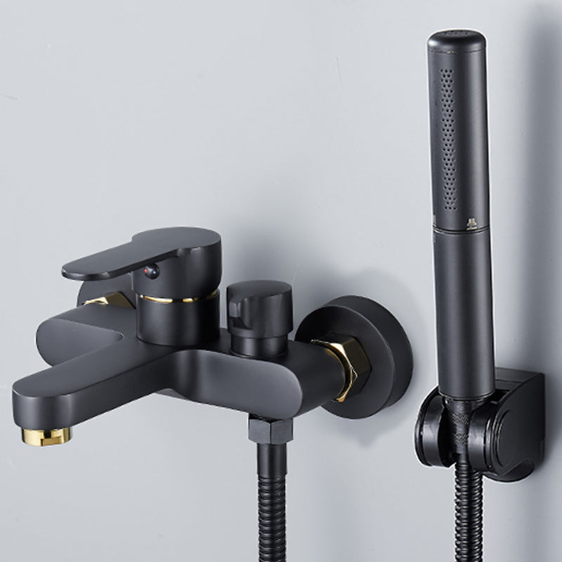 Modern Tub Faucet Lever Handle Wall Mount Fixed Bathtub Faucet Black-Gold Pressurized Shower Head Risers Not Included Clearhalo 'Bathroom Remodel & Bathroom Fixtures' 'Bathtub Faucets' 'bathtub_faucets' 'Home Improvement' 'home_improvement' 'home_improvement_bathtub_faucets' 7395835