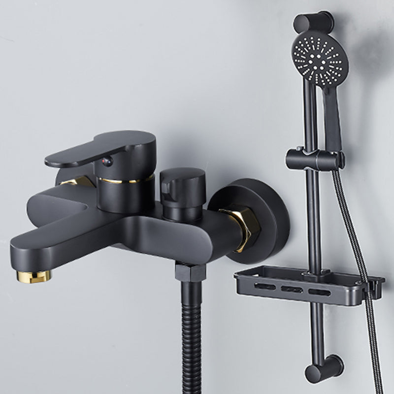 Modern Tub Faucet Lever Handle Wall Mount Fixed Bathtub Faucet Black-Gold Circle Shower Head Risers Included Clearhalo 'Bathroom Remodel & Bathroom Fixtures' 'Bathtub Faucets' 'bathtub_faucets' 'Home Improvement' 'home_improvement' 'home_improvement_bathtub_faucets' 7395859