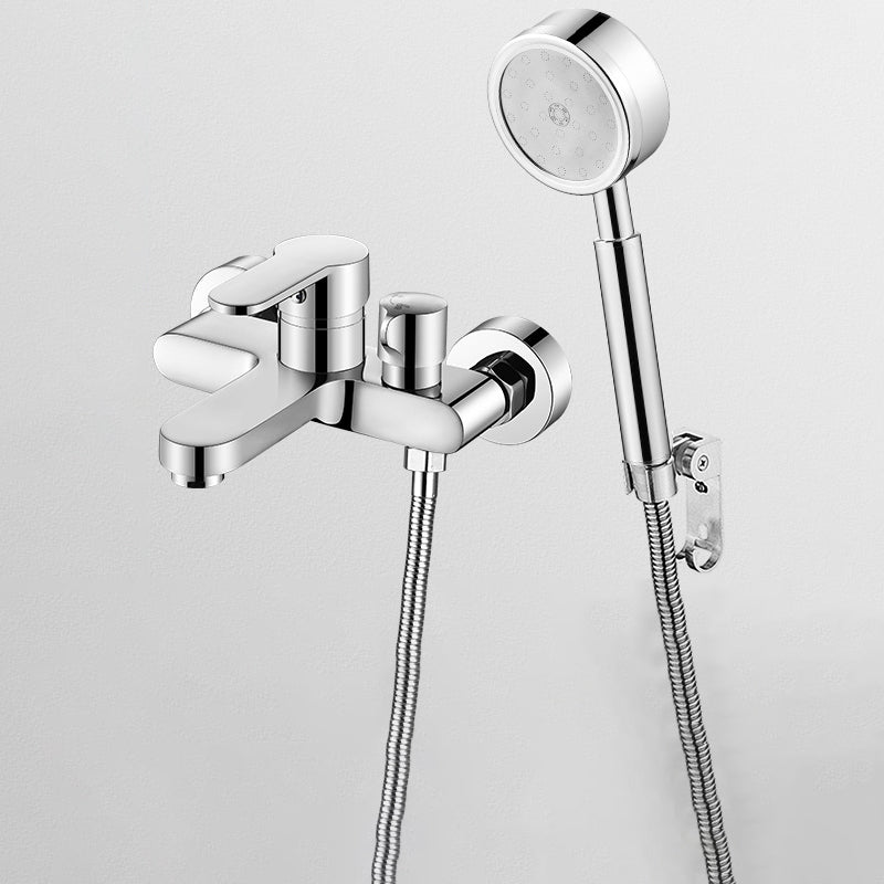 Single Lever Handle Tub Faucet 2 Holes Wall-Mounted Handshower Low Arc Tub Filler Silver Circle Shower Head Hand Shower Included Clearhalo 'Bathroom Remodel & Bathroom Fixtures' 'Bathtub Faucets' 'bathtub_faucets' 'Home Improvement' 'home_improvement' 'home_improvement_bathtub_faucets' 7395983