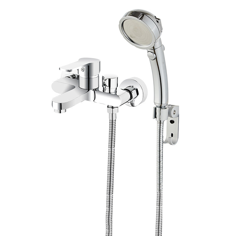 Single Lever Handle Tub Faucet 2 Holes Wall-Mounted Handshower Low Arc Tub Filler Silver Tri-Mode Handshower Hand Shower Included Clearhalo 'Bathroom Remodel & Bathroom Fixtures' 'Bathtub Faucets' 'bathtub_faucets' 'Home Improvement' 'home_improvement' 'home_improvement_bathtub_faucets' 7395985