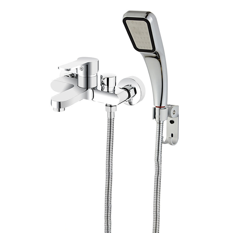Single Lever Handle Tub Faucet 2 Holes Wall-Mounted Handshower Low Arc Tub Filler Silver Square Shower Head Hand Shower Included Clearhalo 'Bathroom Remodel & Bathroom Fixtures' 'Bathtub Faucets' 'bathtub_faucets' 'Home Improvement' 'home_improvement' 'home_improvement_bathtub_faucets' 7395987