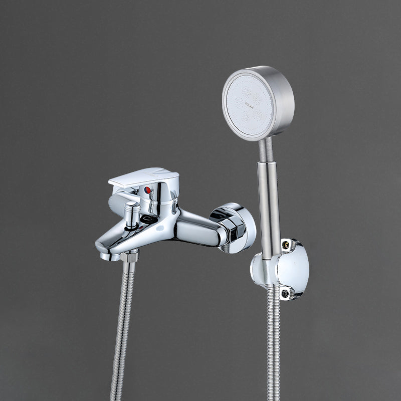 Single Lever Handle Tub Faucet 2 Holes Wall-Mounted Handshower Low Arc Tub Filler Chrome Circle Shower Head Hand Shower Included Clearhalo 'Bathroom Remodel & Bathroom Fixtures' 'Bathtub Faucets' 'bathtub_faucets' 'Home Improvement' 'home_improvement' 'home_improvement_bathtub_faucets' 7395991