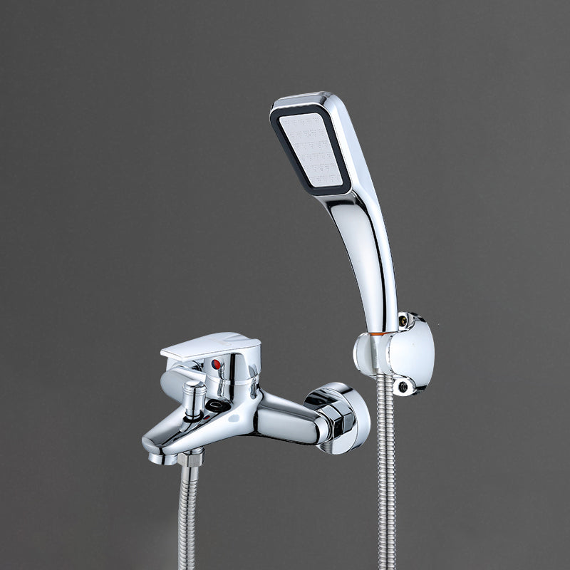 Single Lever Handle Tub Faucet 2 Holes Wall-Mounted Handshower Low Arc Tub Filler Chrome Square Shower Head Hand Shower Included Clearhalo 'Bathroom Remodel & Bathroom Fixtures' 'Bathtub Faucets' 'bathtub_faucets' 'Home Improvement' 'home_improvement' 'home_improvement_bathtub_faucets' 7395993
