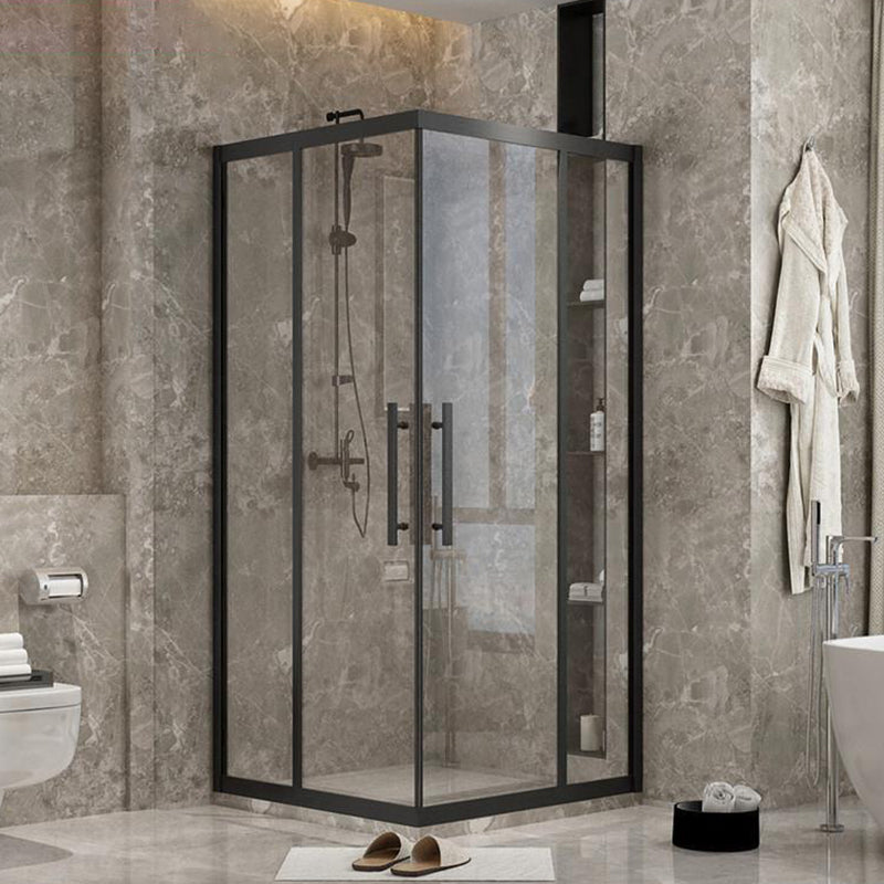 Framed Double Sliding Shower Enclosure Square Matt Black Shower Enclosure Black Clearhalo 'Bathroom Remodel & Bathroom Fixtures' 'Home Improvement' 'home_improvement' 'home_improvement_shower_stalls_enclosures' 'Shower Stalls & Enclosures' 'shower_stalls_enclosures' 'Showers & Bathtubs' 7396160