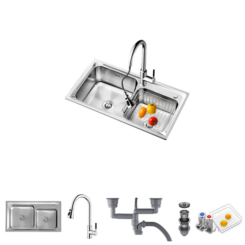 Stainless Steel Kitchen Sink Double Basin Rectangle Sink with Drain Assembly Sink with Faucet Three Outlet Water Draw Tap Clearhalo 'Home Improvement' 'home_improvement' 'home_improvement_kitchen_sinks' 'Kitchen Remodel & Kitchen Fixtures' 'Kitchen Sinks & Faucet Components' 'Kitchen Sinks' 'kitchen_sinks' 7398517