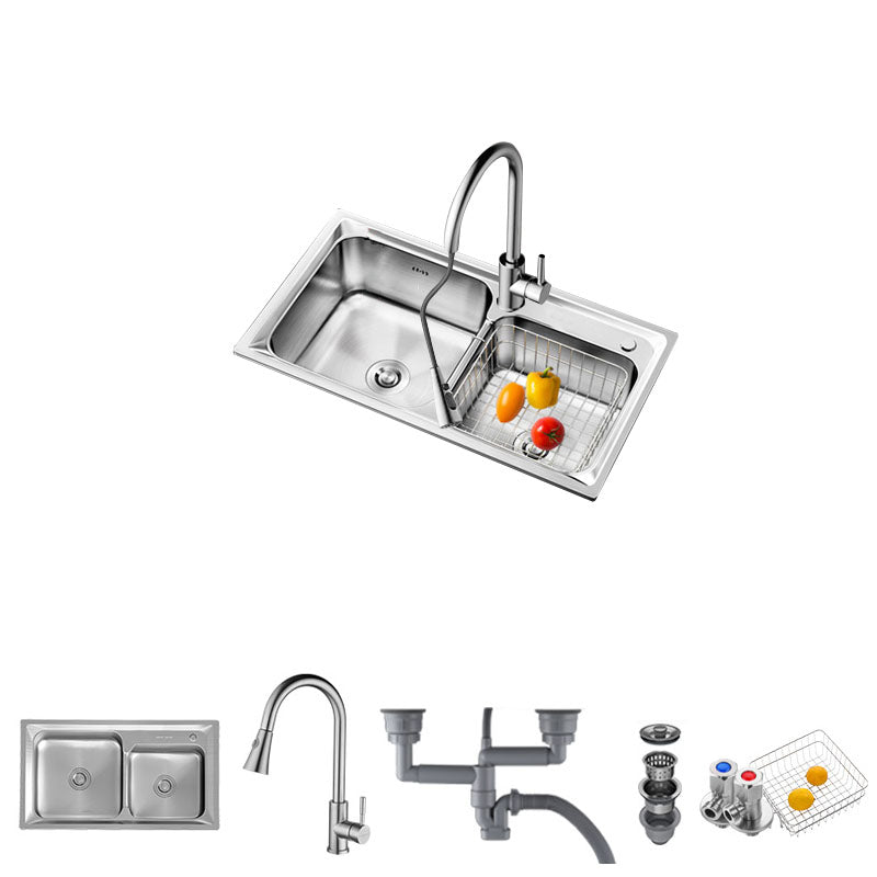 Stainless Steel Kitchen Sink Double Basin Rectangle Sink with Drain Assembly Sink with Faucet Stainless Steel Pull Out Faucet Clearhalo 'Home Improvement' 'home_improvement' 'home_improvement_kitchen_sinks' 'Kitchen Remodel & Kitchen Fixtures' 'Kitchen Sinks & Faucet Components' 'Kitchen Sinks' 'kitchen_sinks' 7398519