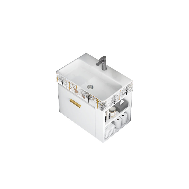 Wall Mount Rectangular Bathroom Vanity Glam White Ceramic Single Vanity Set Vanity & Faucet White Gold Clearhalo 'Bathroom Remodel & Bathroom Fixtures' 'Bathroom Vanities' 'bathroom_vanities' 'Home Improvement' 'home_improvement' 'home_improvement_bathroom_vanities' 7398968