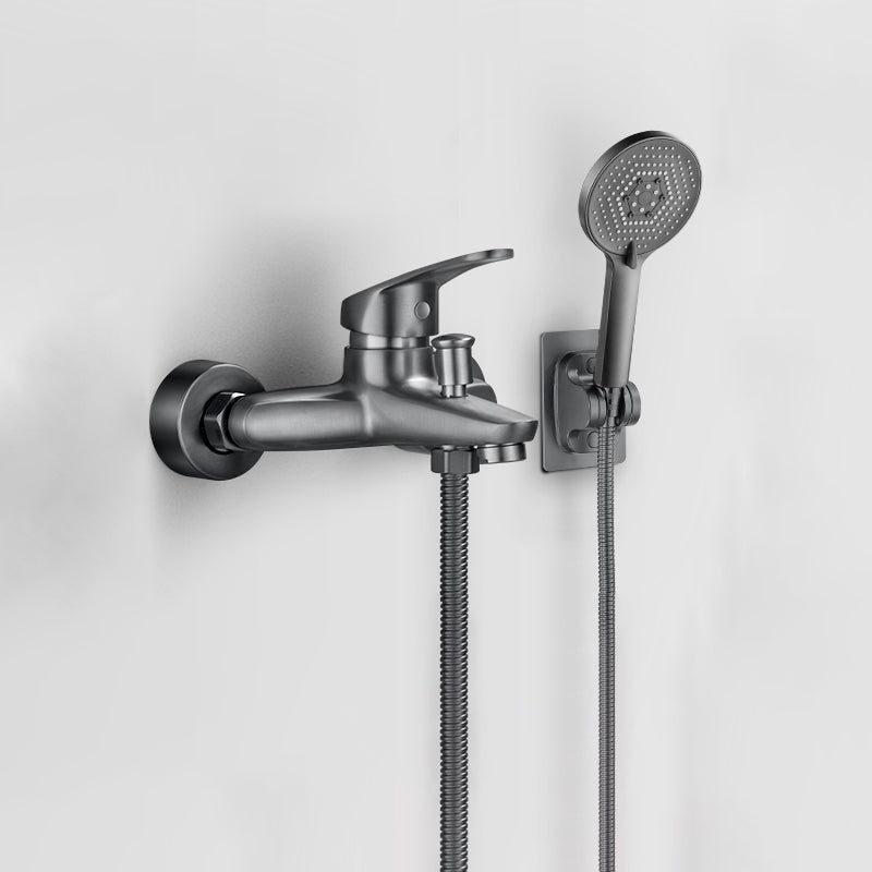 Fixed Tub Faucet Handshower Hose Lever Handle Wall Mount 2 Holes Tub Filler Grey Pressurized Shower Head Hand Shower Included Clearhalo 'Bathroom Remodel & Bathroom Fixtures' 'Bathtub Faucets' 'bathtub_faucets' 'Home Improvement' 'home_improvement' 'home_improvement_bathtub_faucets' 7400107